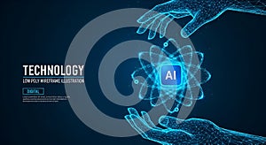 AI Technology Hands Holding Atom Wireframe artificial intelligence