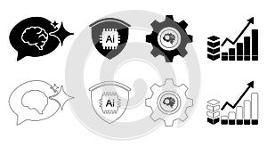 AI Technology Icon Set Machine Learning, Automation, Security, Data Growth Symbols
