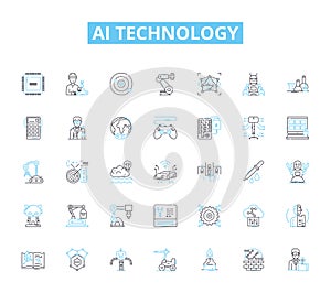 AI technology linear icons set. Intelligence, Automation, Robotics, Machinelearning, Virtualassistant, Expertsystem