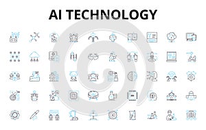 AI technology linear icons set. Intelligence, Automation, Robotics, Machinelearning, Virtualassistant, Expertsystem photo