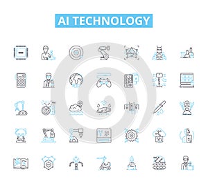 AI technology linear icons set. Intelligence, Automation, Robotics, Machinelearning, Virtualassistant, Expertsystem photo