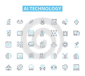 AI technology linear icons set. Intelligence, Automation, Robotics, Machinelearning, Virtualassistant, Expertsystem photo
