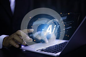 Ai technology, man using Artificial Intelligence technology for working data analysis. Chat with AI,  Big data, data analysis and