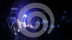 Ai technology, man using Artificial Intelligence technology for working data analysis. Chat with AI,  Big data, data analysis and