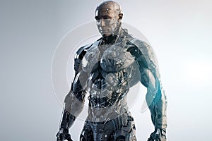 AI technology, sci fi and cyborg man, futuristic robot or fantasy warrior character for RPG, gaming or cyberpunk. Studio