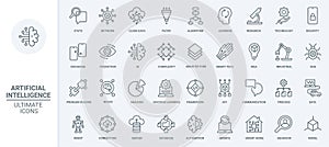 AI technology thin line icons set, machine and artificial brain of robot learning,