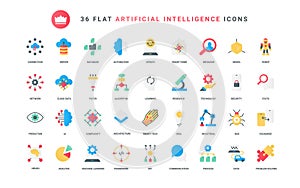 AI technology trendy flat icons set, machine and artificial brain of robot learning.