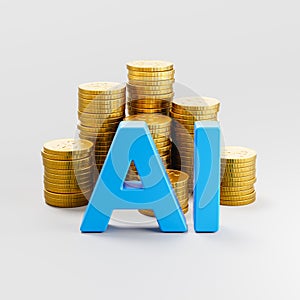 AI Text ahead of Stacks of Coins on Light Gray Background