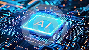 AI text on glowing chip on circuit board with blue and white neon color scheme. Animation with zoom effect.