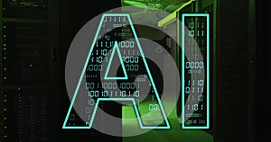 AI text image over binary code and server room background