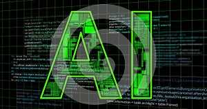 AI text overlay on digital code background, representing artificial intelligence technology
