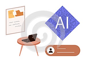 AI Technology with Computer Workspace, Task Board, and User Interface Concept