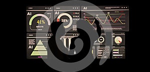 AI Using. Silhouetted analysts interact with a large AI data display