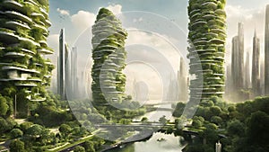 AI A utopian cityscape where nature and technology coexist in perfect harmony. Imagine towering