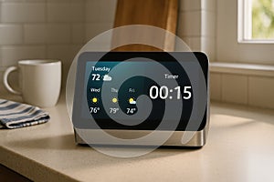 Smart AI Voice Assistant Display with Weather Interface in Kitchen photo