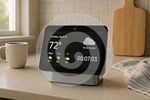Smart AI Voice Assistant Display with Weather Interface in Kitchen photo