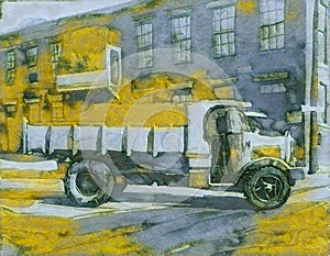 AI Watercolor illustration of a old vintage truck in a city street