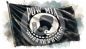 AI watercolor painting of a faded black POW MIA flag, Concept hardships of war