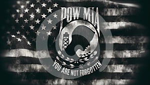 AI watercolor painting of a faded black POW MIA symbol on a black and white American flag, Concept hardships of war