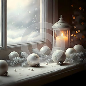 AI Windowsill with White Christmas Ornaments, Lit Candle Lantern, and Snowy Window View photo