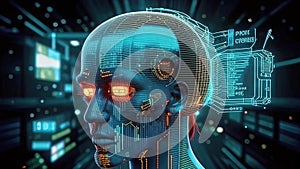 AI wisdom, program code running in AI, technological computer background,
