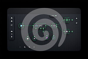 AI workflow automation artificial intelligence software interface nodes triggers data tool dashboard coding icon flow process