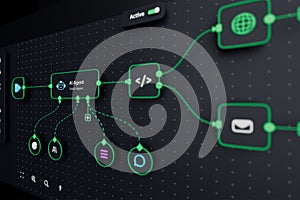 AI workflow automation artificial intelligence software interface nodes triggers data tool dashboard coding icon flow process