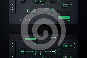AI workflow automation artificial intelligence software interface nodes triggers data tool dashboard coding icon flow process
