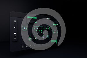 AI workflow automation artificial intelligence software interface nodes triggers data tool dashboard coding icon flow process