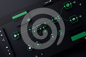 AI workflow automation artificial intelligence software interface nodes triggers data tool dashboard coding icon flow process