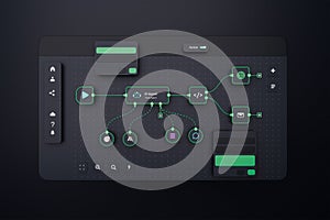 AI workflow automation artificial intelligence software interface nodes triggers data tool dashboard coding icon flow process