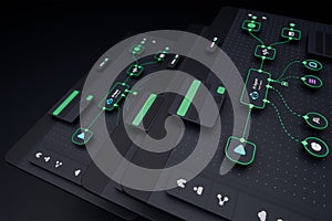 AI workflow automation artificial intelligence software interface nodes triggers data tool dashboard coding icon flow process