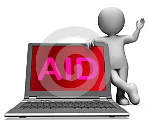 Aid And Character Laptop Shows Assisting Aiding Helping Or Relief