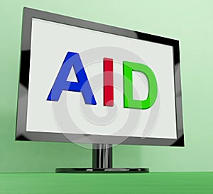 Aid On Monitor Shows Aiding Help Or Relief