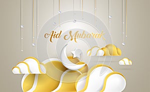 Aid Mubarak beautiful greeting card with golden clouds, moon, st