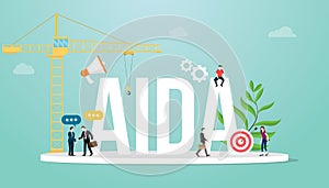 Aida attention interest desire action sales funnel marketing business concept with team people and big word - vector