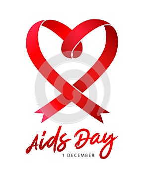 AIDS Day. Red awareness ribbon folded in the shape of a heart. AIDS Memorial Day. Symbol of hope