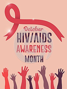 Aids and HIV Awareness Month October with text and red ribbon background poster design vector illustration.