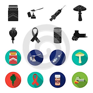 AIDS tape, tablets, opium poppy, a tube for hashish.Drug set collection icons in black,flet style vector symbol stock