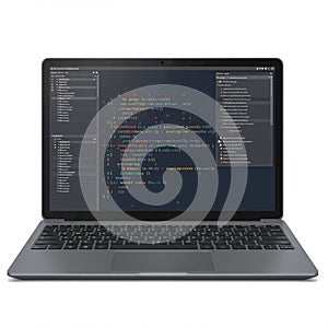 AIGenerated Laptop Displaying Source Code for Developer Workspace