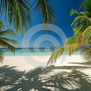 AIGenerated Tropical Beach Scene with Palm Trees, White Sand, and Turquoise Ocean photo
