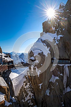 The Aiguille du Midi footbridge. Chamonix needles, Mont Blanc mountain range, Haute-Savoie, Alps, France
