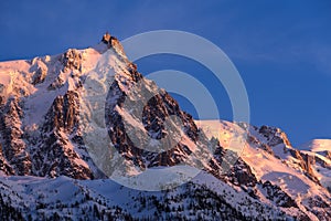 Aiguille du Midi needle at sunset. Chamonix, Mont Blanc, Haute-Savoie