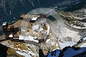 Aiguille du Midi peak and roof of cable car station seen from Skywalk platform