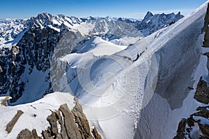 Aiguille du Midi ridge in Winter. Chamonix Mont Blanc, Hautes-Savoie, European Alps, France