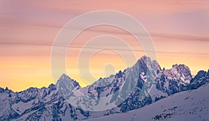 Aiguille du Midi right and Aiguille Verte left in the Mont-Blanc range near Chamonix, shoted from MegÃ¨ve, Haute-Savoie, France