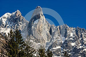 Aiguilles des Drus and Aiguille Verte left in the Mont Blanc mountain range. Chamonix, Haute-Savoie, Alps, France