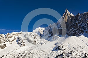 Aiguilles du Alpes from the Mer de Glace, Chamonix, Savoie, Rh