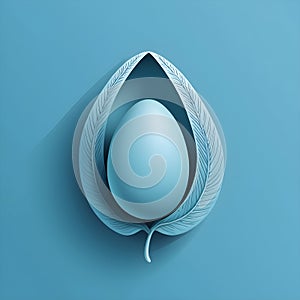 calm blue easter egg with a leaf on a blue background