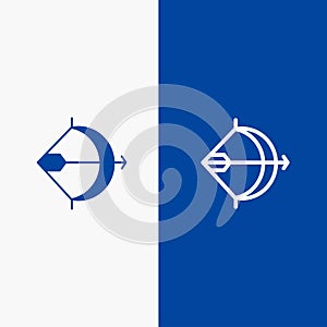 Aim, Archery, Arrow, Bow, Shoot Line and Glyph Solid icon Blue banner Line and Glyph Solid icon Blue banner